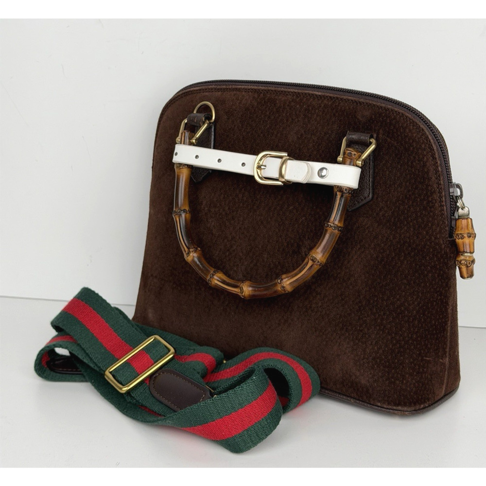 Gucci 80s Bag Small Vintage in Brown Suede and Bamboo Handle S06